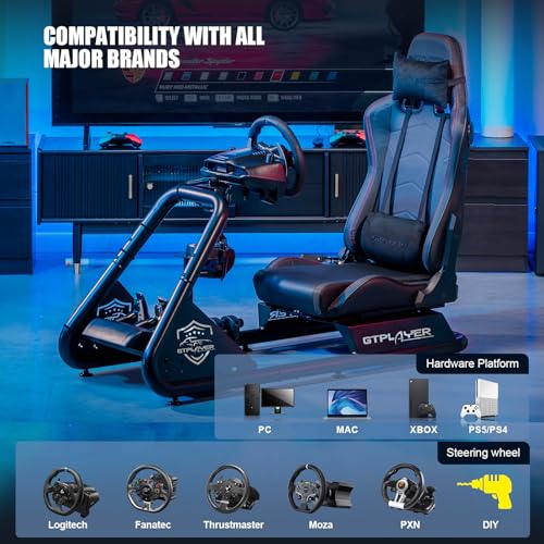 GTPLAYER Racing Simulator Cockpit with Seat and Bluetooth Speakers, Racing Style Reclining Seat and Ultra-Sturdy Alloy Steel Frame, A/B Box (Blue)