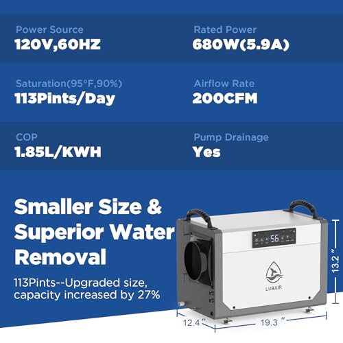 113 pint Crawl Space Dehumidifier with Pump for Basement,Commercial Dehumidifiers with Drain Hose,Industrial Dehumidifier for Large Space,Whole House,24 Timer.