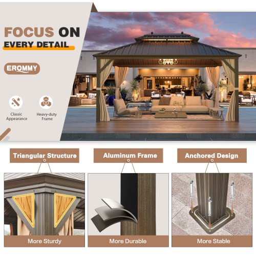 EROMMY 10' x 12' Hardtop Gazebo, Aluminum Frame Gazebos with Galvanized Steel Double Roof, Permanent Outdoor Metal Pavilion with Curtain and Netting for Patio, Lawn, Deck