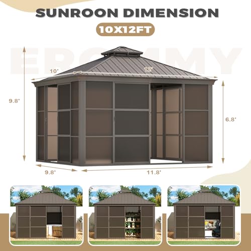 EROMMY 12' x 15' Sunroom, Solarium Gazebo with Aluminum Frame and Polycarbonate Roof, Outdoor Permanent Sun Room with Moveable PVC Screen and Sliding Door for Garden, Patio, Deck, Lawns