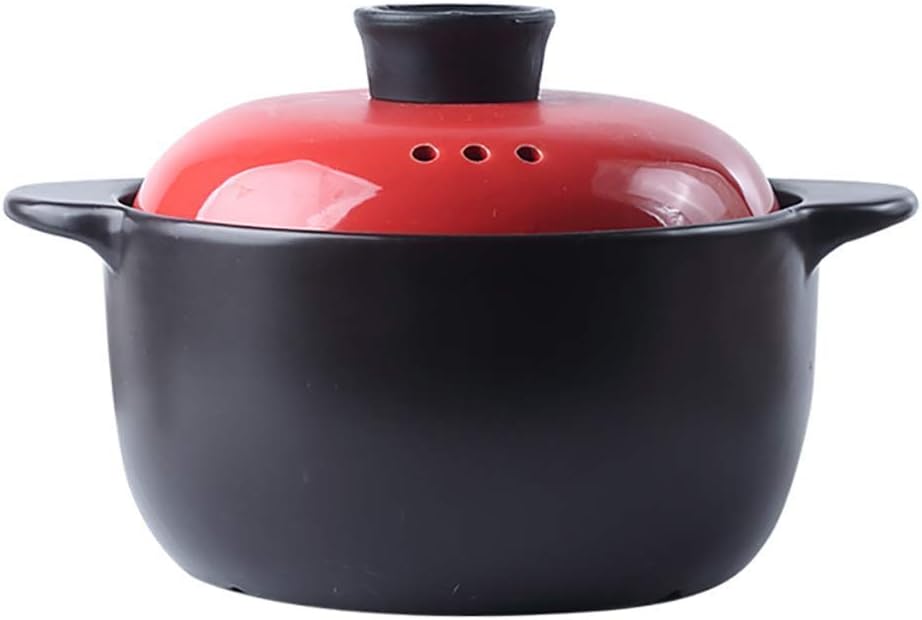 Korean Stovetop Ceramic Casserole,Clay Pot with Color Lid Healthy Cookware Earthen Pot Healthy Soup Hot Pot for Slow Cooking Red 2.64Quart