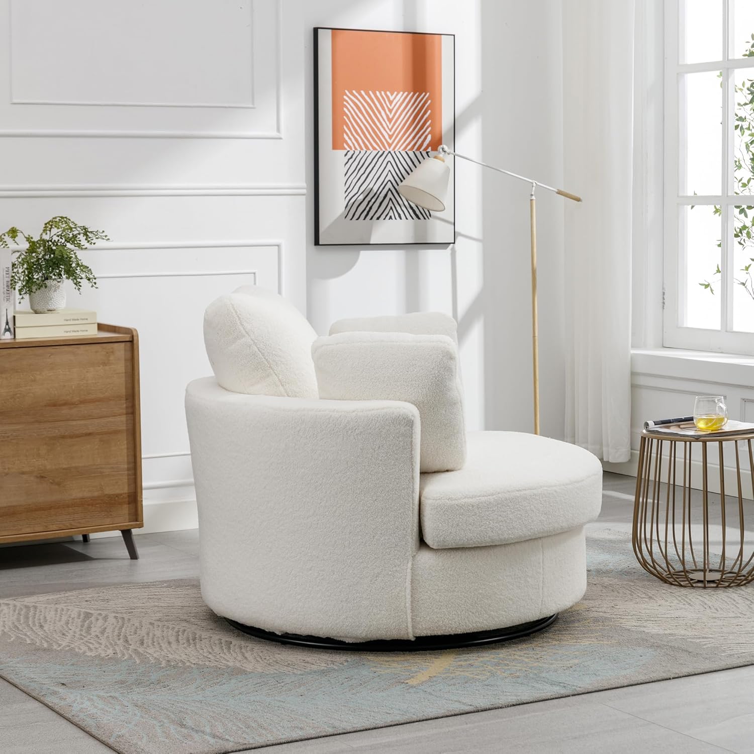HomSof 42.2" W Swivel Accent Barrel Chair and Half Swivel Sofa with 3 Pillows 360 Degree Swivel Round Sofa Modern Oversized Arm Chair Cozy Club Chair for Bedroom Living Room Lounge Hotel,Ivory Sherpa
