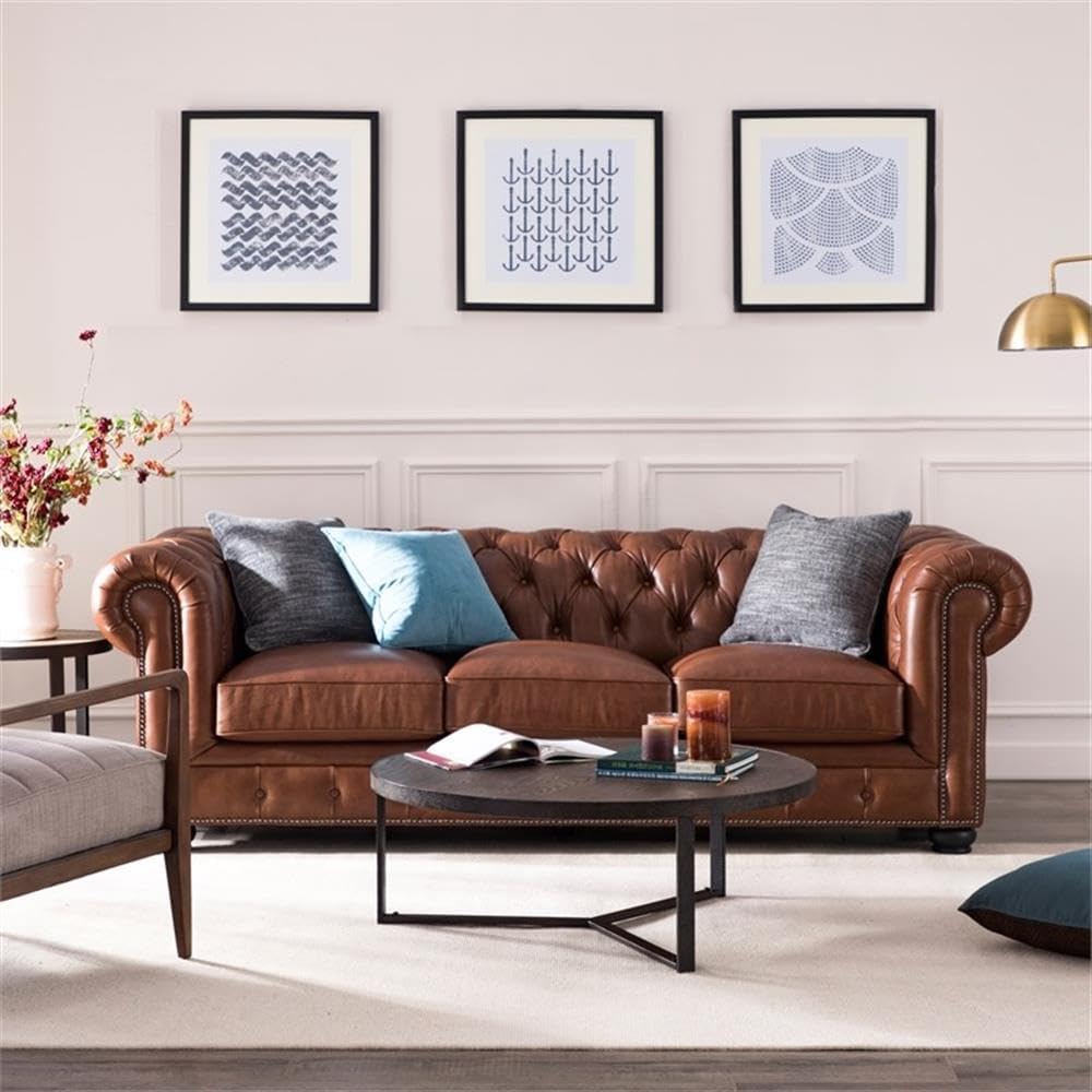 BOWERY HILL 20" Traditional Leather Tufted Back Chesterfield Sofa with Removable Seat Cushions, Leg Assembly Required, for Living Room, in Chestnut Finish