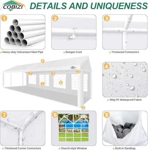 COBIZI 20x40 Party Tent Heavy Duty, Galvanized Wedding Tent, Event Shelter for Parties, Outdoor with Removable Sidewall & Built-in Sandbag, Carpas para Fiestas, Large Canopy, Waterproof, White