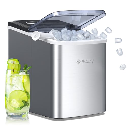 ecozy Nugget Ice Maker Countertop - Chewable Pellet Ice Cubes, 33 lbs Daily Output, Stainless Steel Housing, Self-Cleaning Ice Machine with Ice Bags for Parties, Kitchen, Bar, Office, Silver
