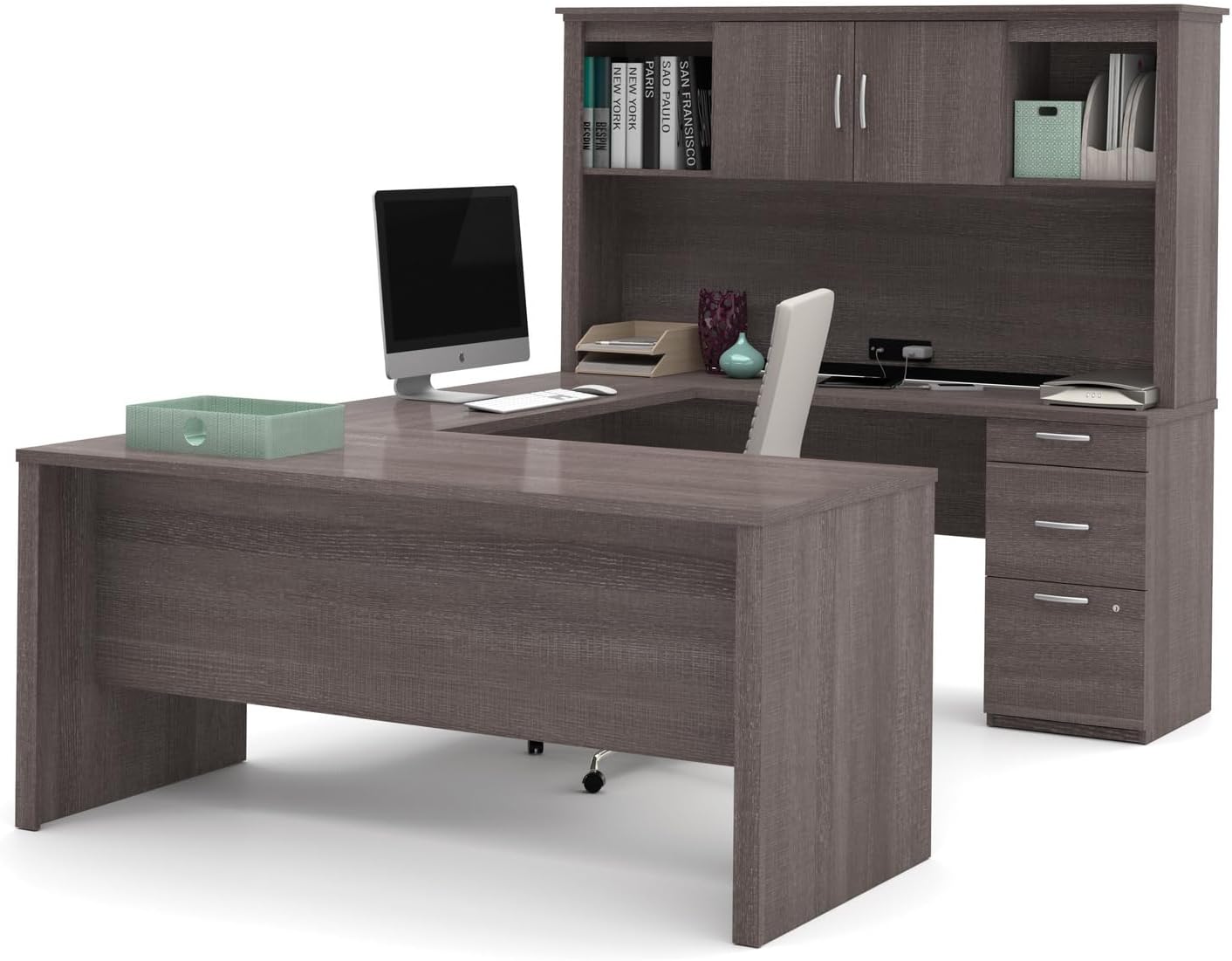 Modern Motifs U-Shaped Executive Desk with Pedestal and Hutch in bark grey