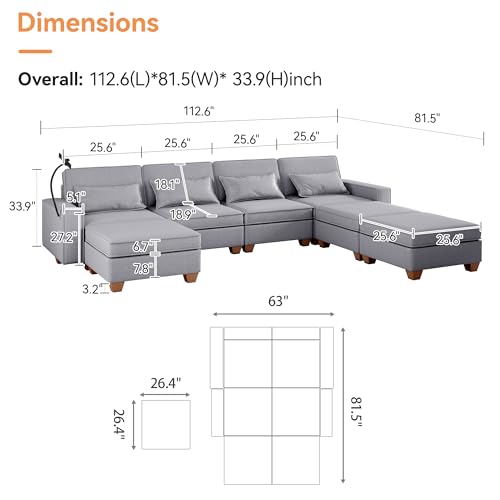 Modular Sectional Sofa, Convertible U Shaped Sofa Couch with Central Console & USB Ports, 7 Seat Modular Sectionals Couch with Chaise and Storage for Living Room, Light Grey