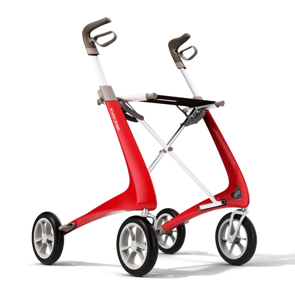 ByACRE Carbon Ultralight Rollator Walker with Organizer Bag, Wide Track, 18.5" x 24" Seat (W x H), Red
