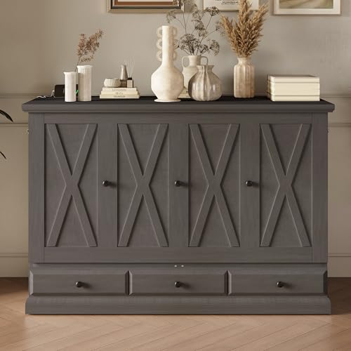 P PURLOVE Queen Size Murphy Bed Cabinet,Chest Cube Cabinet Bed with Charging Station and Large Storage Drawer,Space Saving Wall Bed for Living Room,White