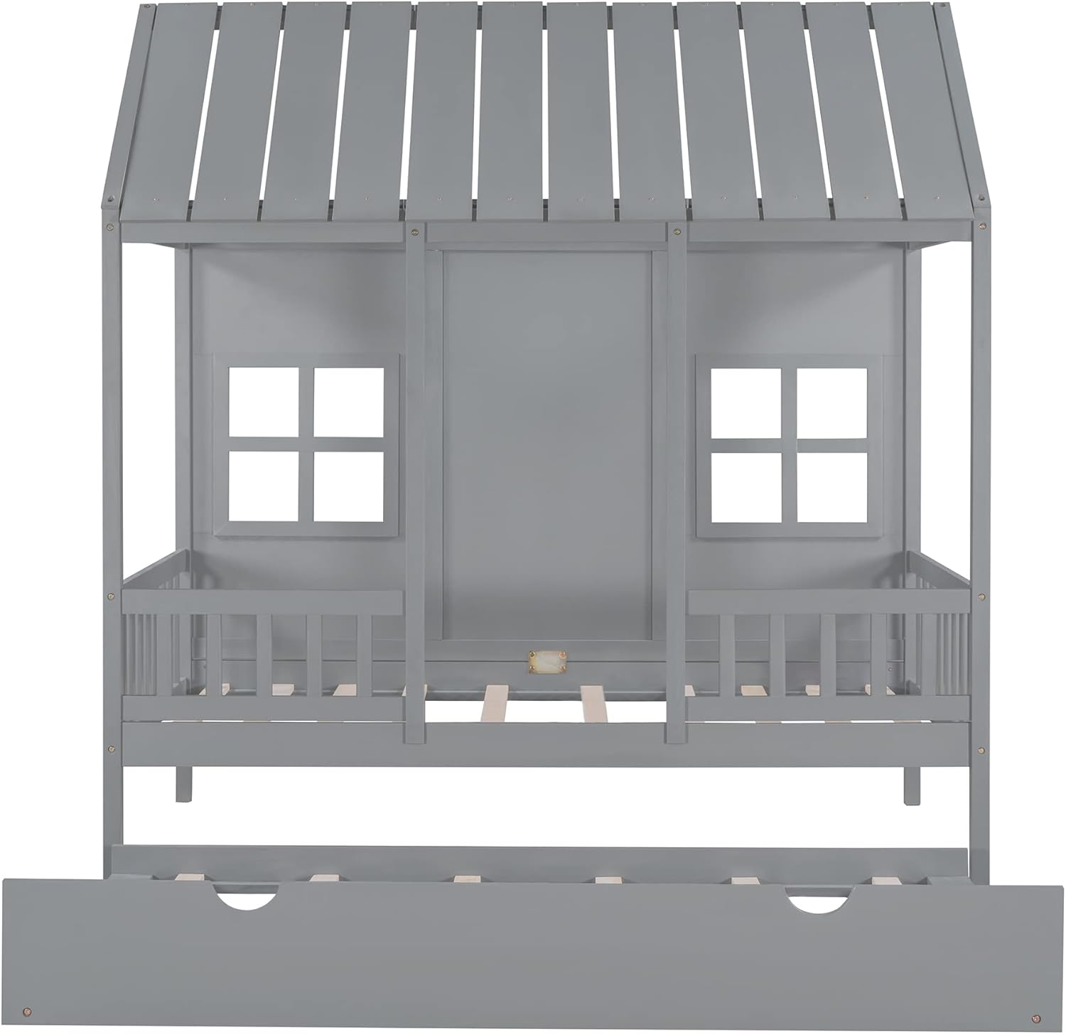 Twin Size House Bed with Twin Trundle, Wooden House-Shaped Daybed with 2 Windows and Safety Full-Length Guardrails for Kids Boys Girls Bedroom, A Beautiful Piece for Bedroom, Gray