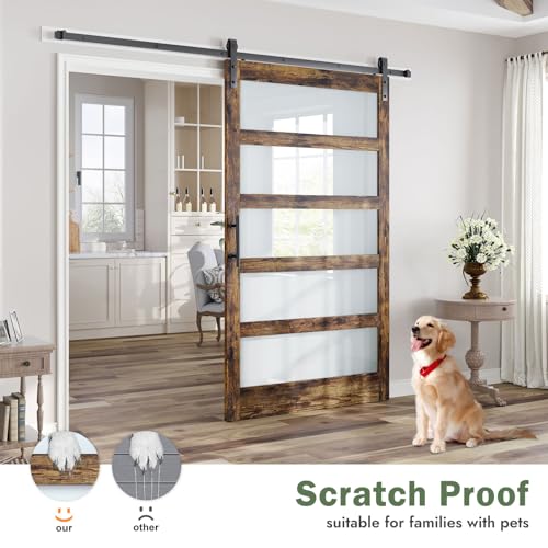 36x84 Inch Glass Sliding Barn Door Slab and 6.6ft Hardware Kit Included, 5 Frosted Glass, LVL Wood Panel Covered with White Water-Proof Scratch-Proof PVC Surface, Simple DIY Assembly