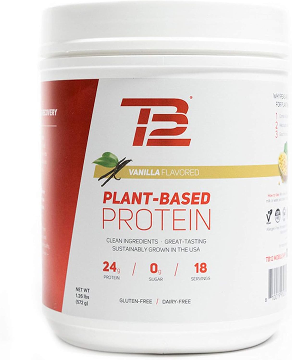 TB12 Plant Based Protein Powder, Sustainably Sourced Pea Protein, Vanilla, Vegan, 1g Net Carb, Non-GMO, Dairy-Free, Sugar-Free (18 Servings / 1.26lbs) Pack of 2