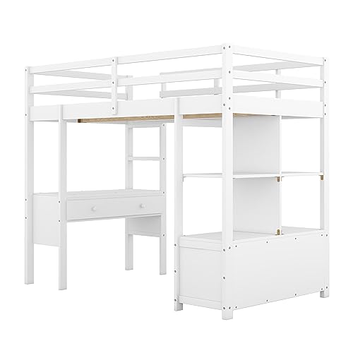 Twin Loft Bed, Saving Space Beds Frame with Desk, Storage Shelves, Drawers, Ladder, Guardrail, Solid Wood Loft Bed, Bedroom Furniture for Living Room Kids Teens Bedroom