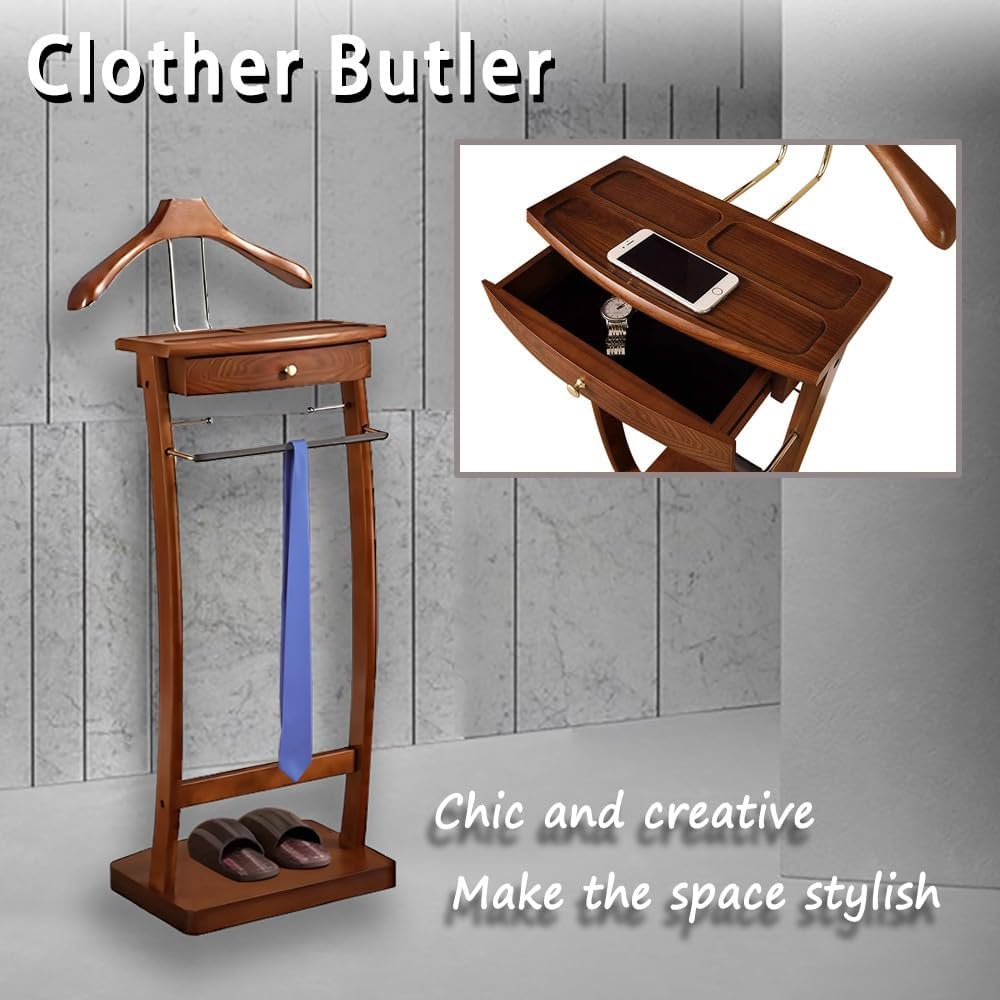 Solid Wood Suit Rack with Pants Bracket, Metal Valet Stand with Heavy Base, Wooden Clothes Valet with Tie Holder, for Living Room, Office, Bedroom 39x30x112.2CM