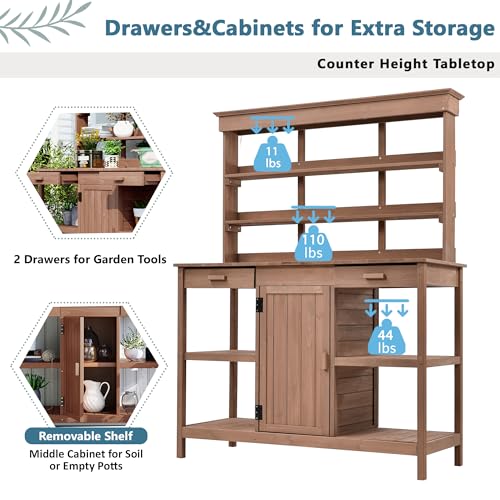 Outdoor Wooden Potting Bench Table – Farmhouse Garden Workstation with Drawers, Cabinet & Storage Shelves, Large Fir Wood Work Table for Patio, Backyard, Mudroom, Greenhouse (Light Brown, 66''H)