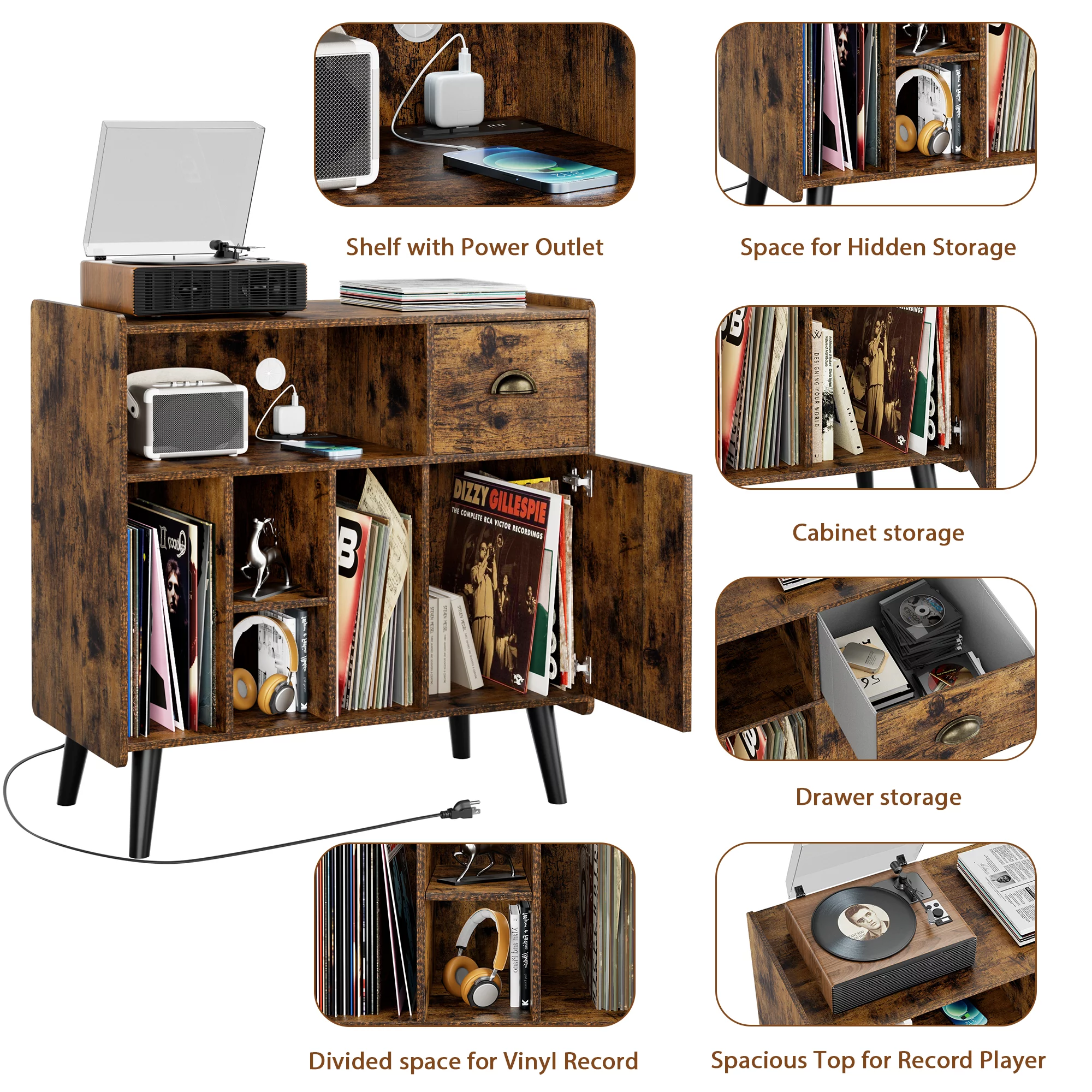 Luxmo Record Player Stand with Vinyl Storage, Vinyl Record storage Cabinet with Charging Station, Turntable Stand Record Table Display with Wood Legs for Bedroom Living Room