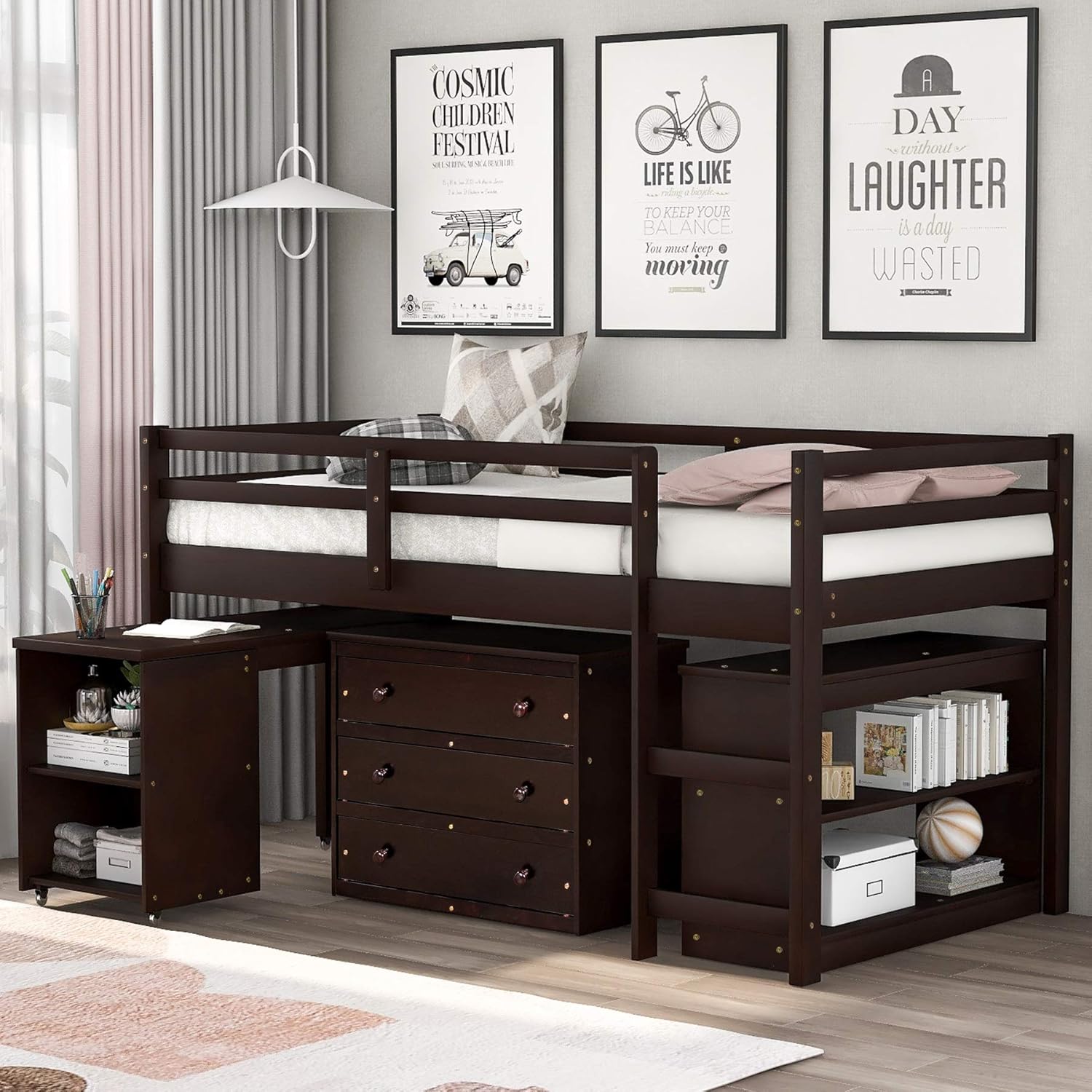 Merax Solid Wood Twin-Size Low Loft Bed Frame with Ladder for Kids Bunk, Cabinet + Desk, Gray