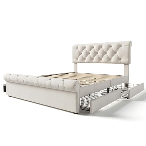 Bellemave Full Size Upholstered Bed Frame with 4 Drawers and Adjustable Headboard, Linen Platform Bed with Mattress Foundation Strong Wooden Slats Support, No Box Spring Needed, Beige