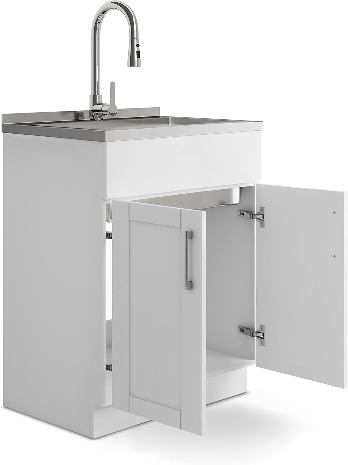 SIMPLIHOME Modern Wide Shaker Transitional 28 Inch Laundry Cabinet with Faucet and Stainless Steel Sink in White, For the Laundry Room and Utility Room