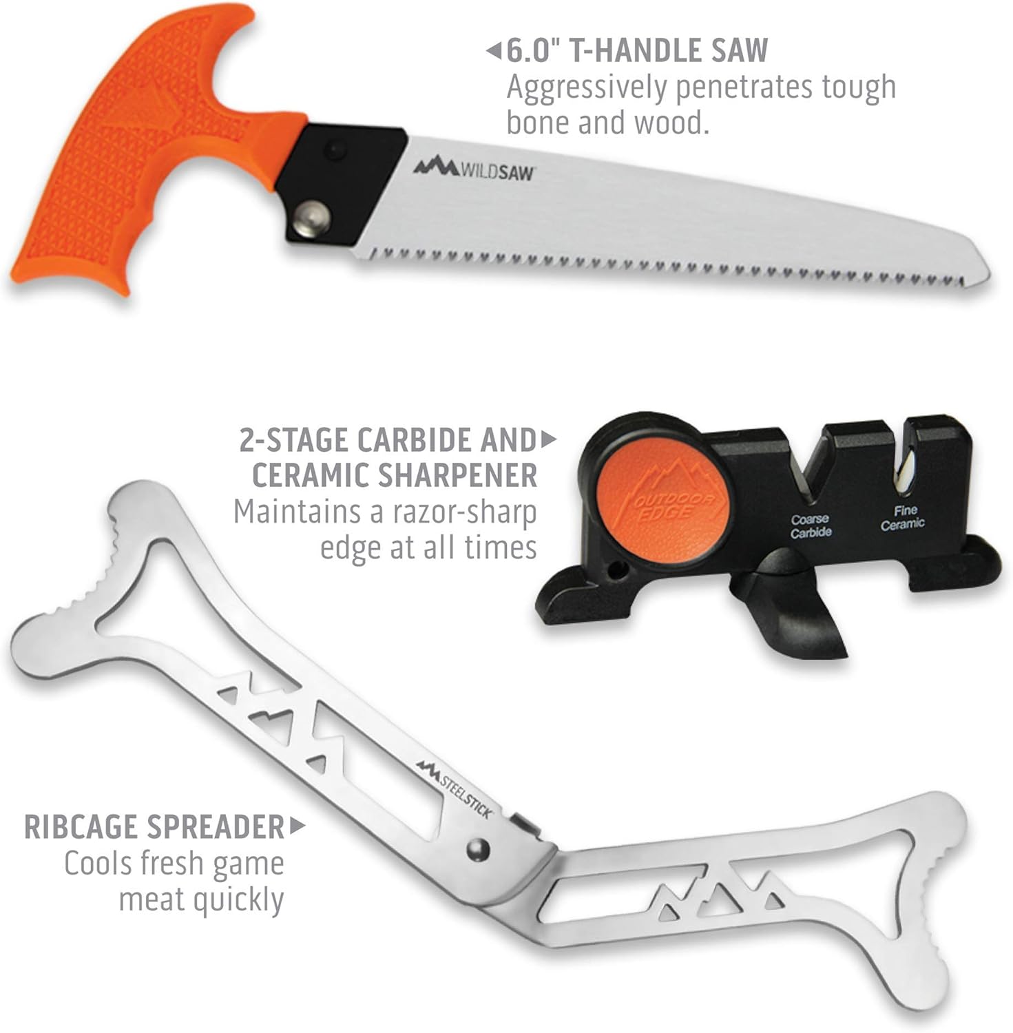 Outdoor Edge Outfitter, 9-Piece Field to Freezer Hunting & Game Processing Knife Set with Caping Knife, Gut-Hook Skinner, Boning/Fillet Knife, Sharpener, Axe, Wood/Bone Saw, Spreader, Gloves