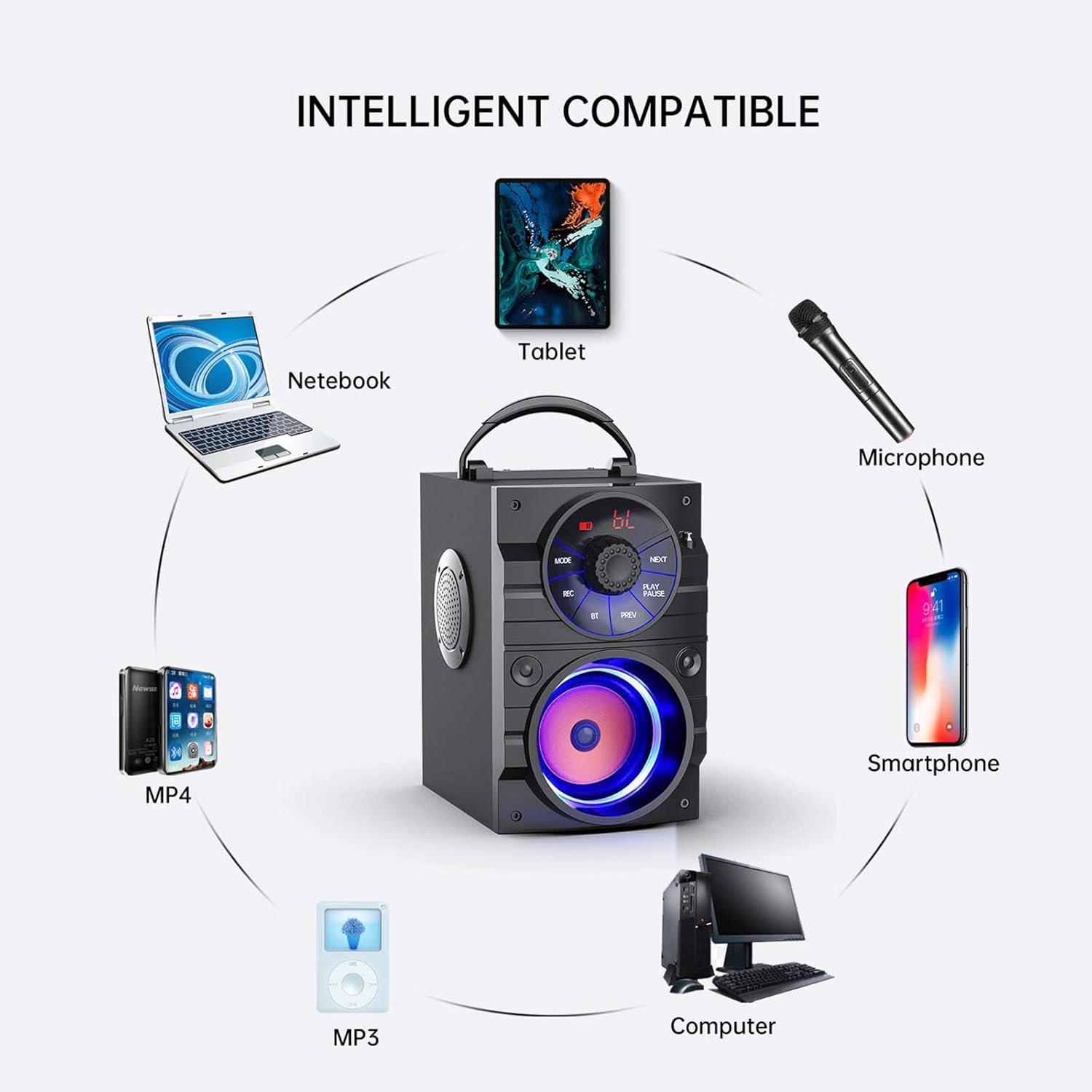 Portable Bluetooth Speakers with Light, Wireless Big Speakers with Subwoofer, FM Radio, LED Lights, EQ, Booming Bass, Bluetooth 4.2 Stereo Loud Outdoor/Indoor Party Speakers for Home, Camping, Travel