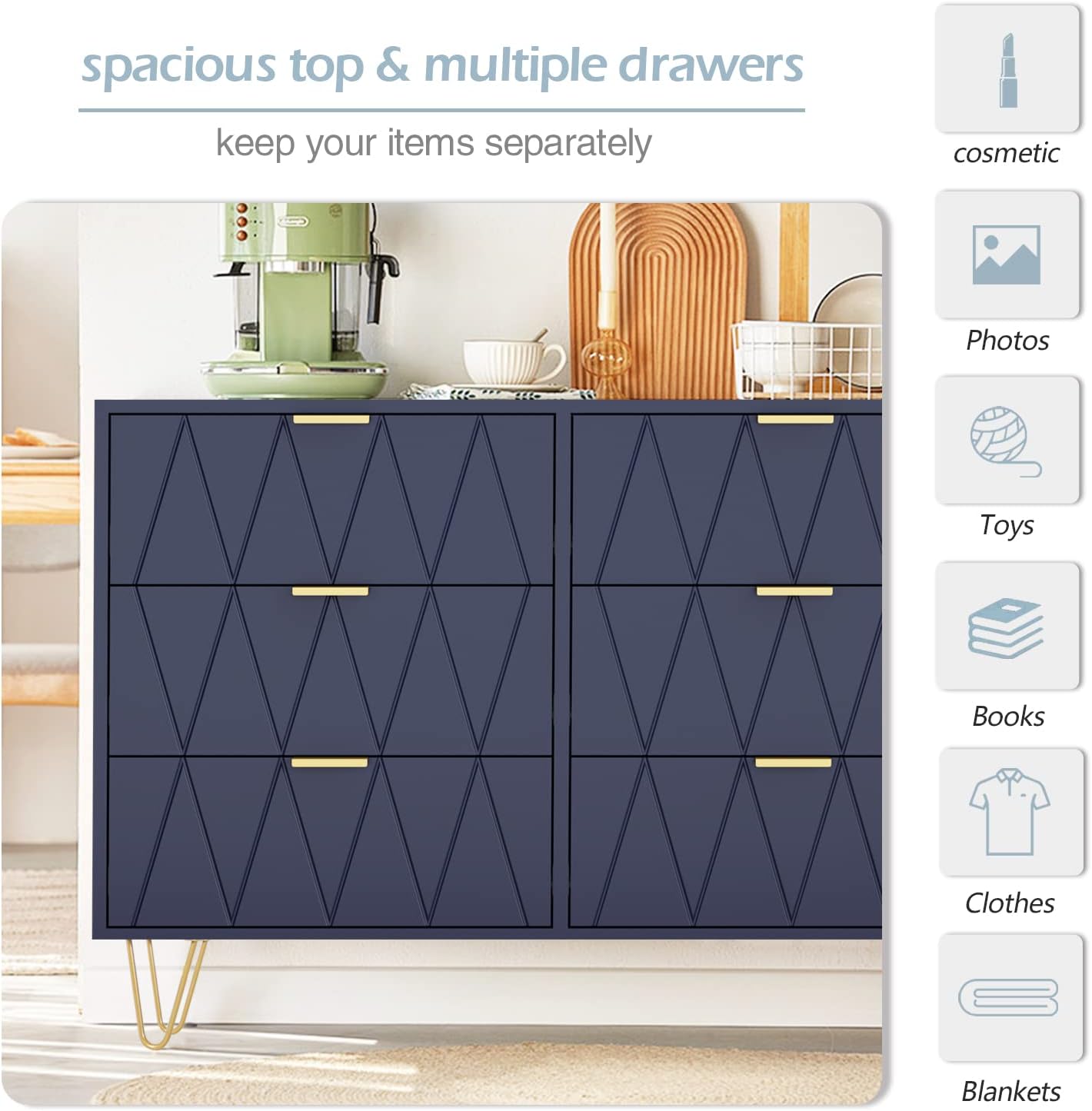 Anbuy Navy Blue 6 Drawer Dresser for Bedroom, Large Double Dresser with Wide Drawers and Gold Handles, Chest of Drawers