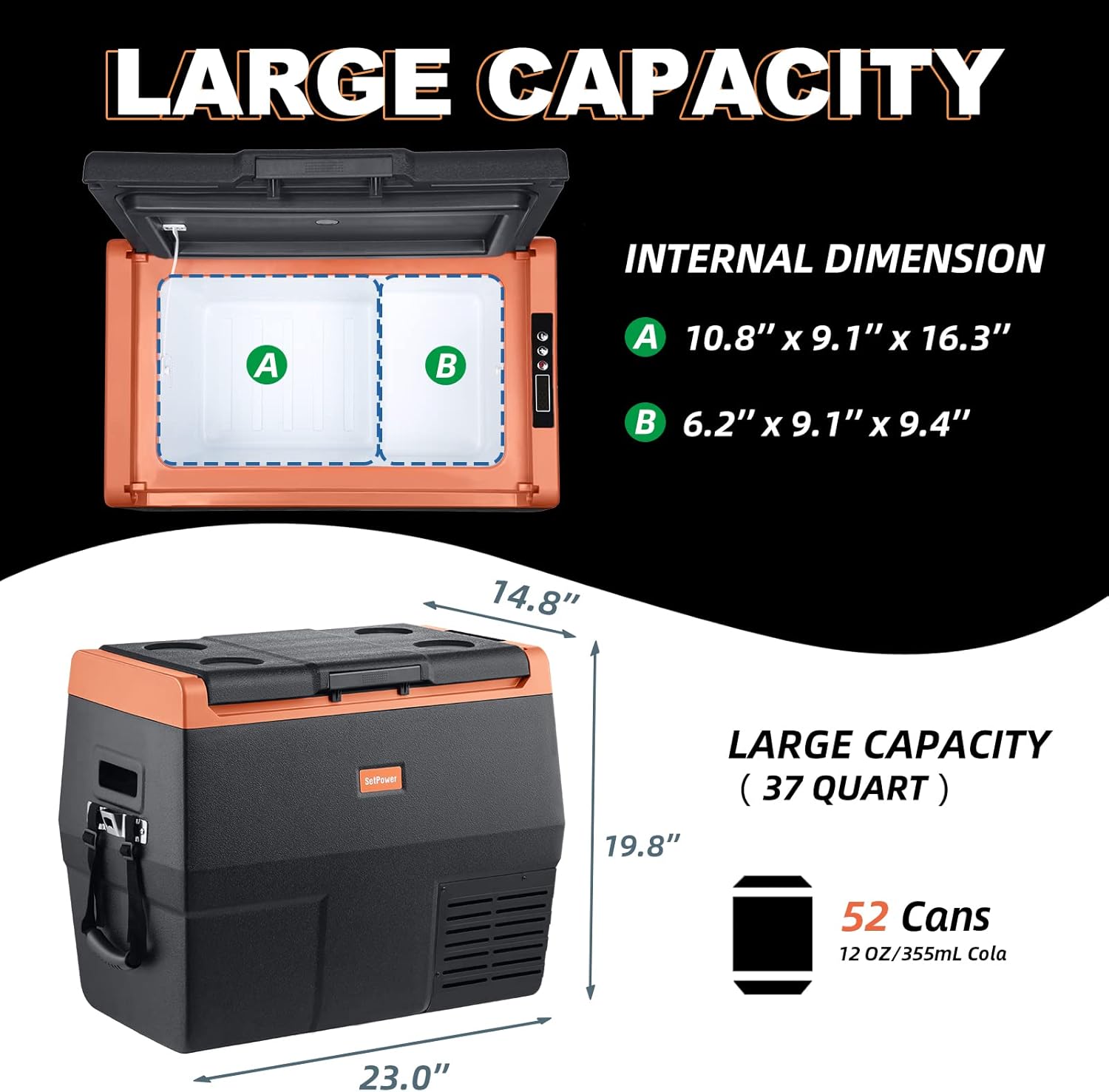 SetPower TC35 Portable Fridge Freezer, 12 Volt Refrigerator, Car Refrigerator, Electric Cooler with Wheels for Car and Home Use, -4℉-68℉, DC 12/24V, AC 110V, AC Adapter Included
