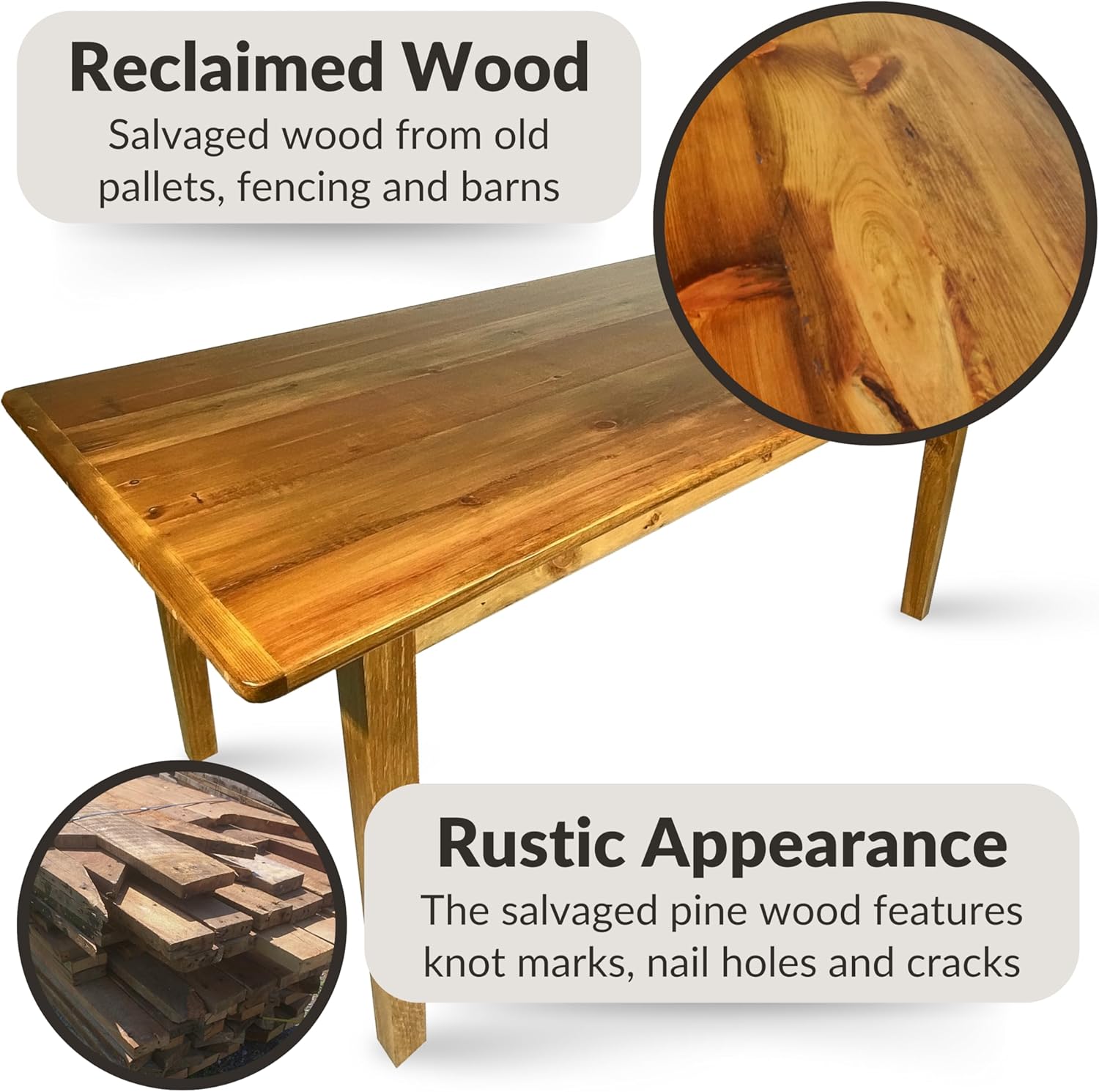 Amish Reclaimed Solid Wood Rustic Farmhouse Dining Table with Breadboard Ends, Farmhouse Kitchen Table (5', Light Natural)
