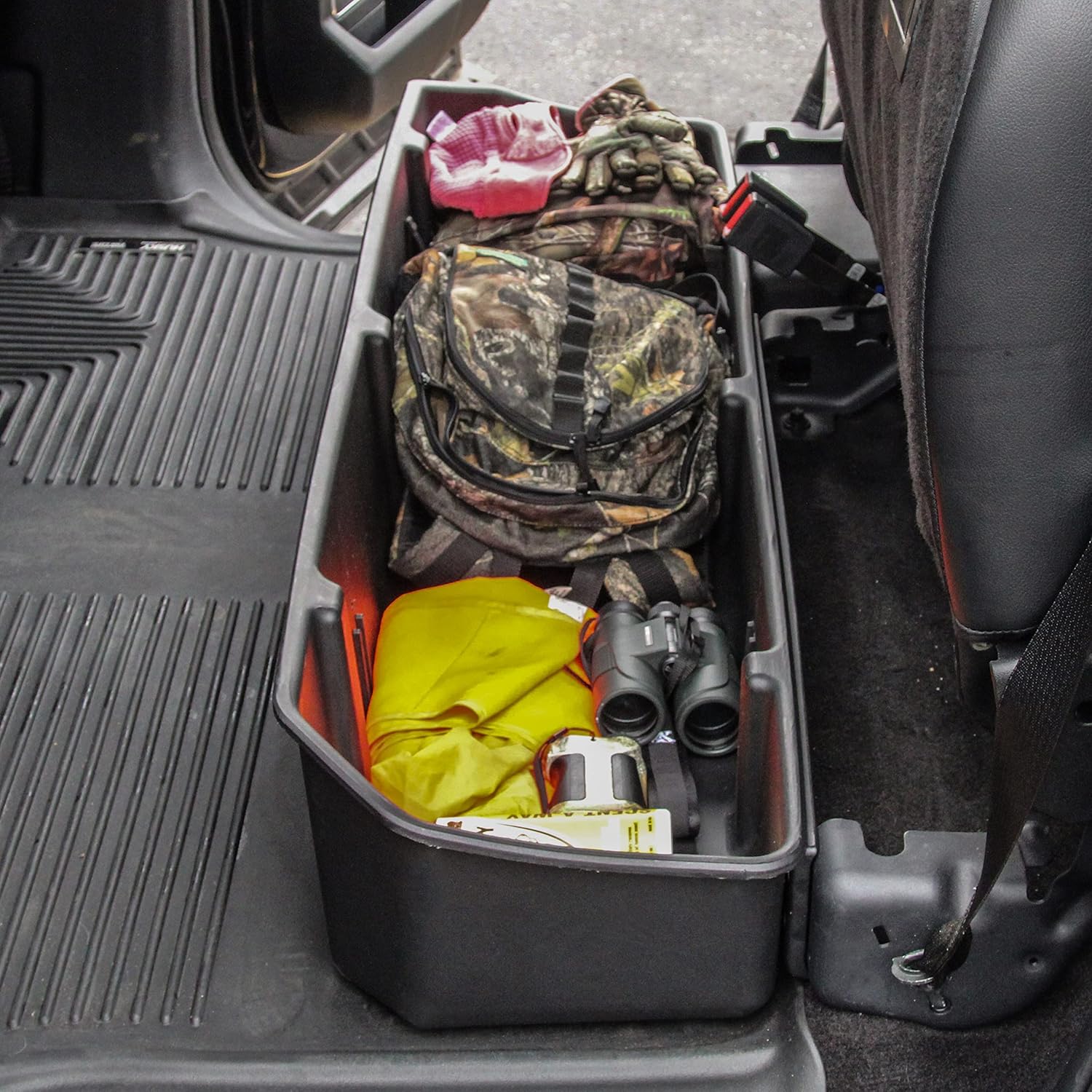 Red Hound Auto Under Seat Storage Box Compatible with Ford F-150 SuperCrew 2015-2022 and SuperDuty F-250 F-350 Crew Cab 2017-2022 Cab Without OEM Underseat Floor Mounted Flip-up Storage System