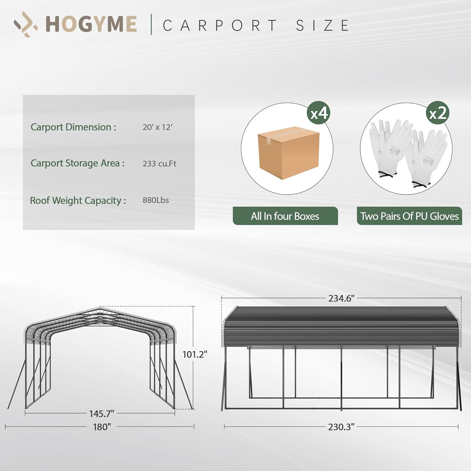 Carport 12x20 FT Heavy Duty Carport Canopy with Updated Frame Structure Galvanized Steel Roof and Enhanced Base, Metal Carport Garage for Pickup, Boat, Car and Tractors, Grey