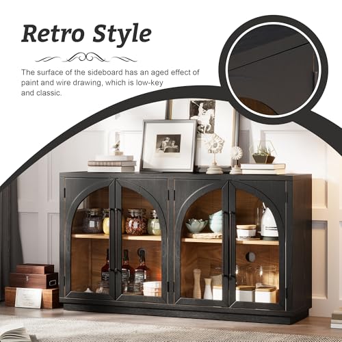 Amposei Retro Accent Sideboard 60-Inch Glass Doors Console Storage Cabinet Credenza Buffet Cabinet with Adjustable Shelves for Living Dining Room Kitchen, Navy Blue