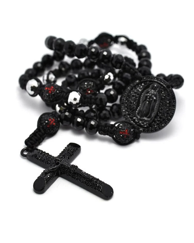 iJewelry2 Black Men Crystal Pave Cross Rosary Beaded Bold Hip Hop Chain Necklace 24"