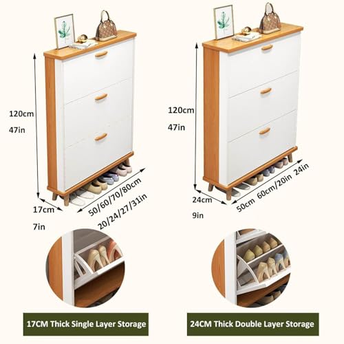 Slim Hidden Shoe Cabinet 3 Flip Drawers Shoe Storage Cabinet Wooden Tall Shoe Rack Closet Hallway Entryway Door Garage Closet