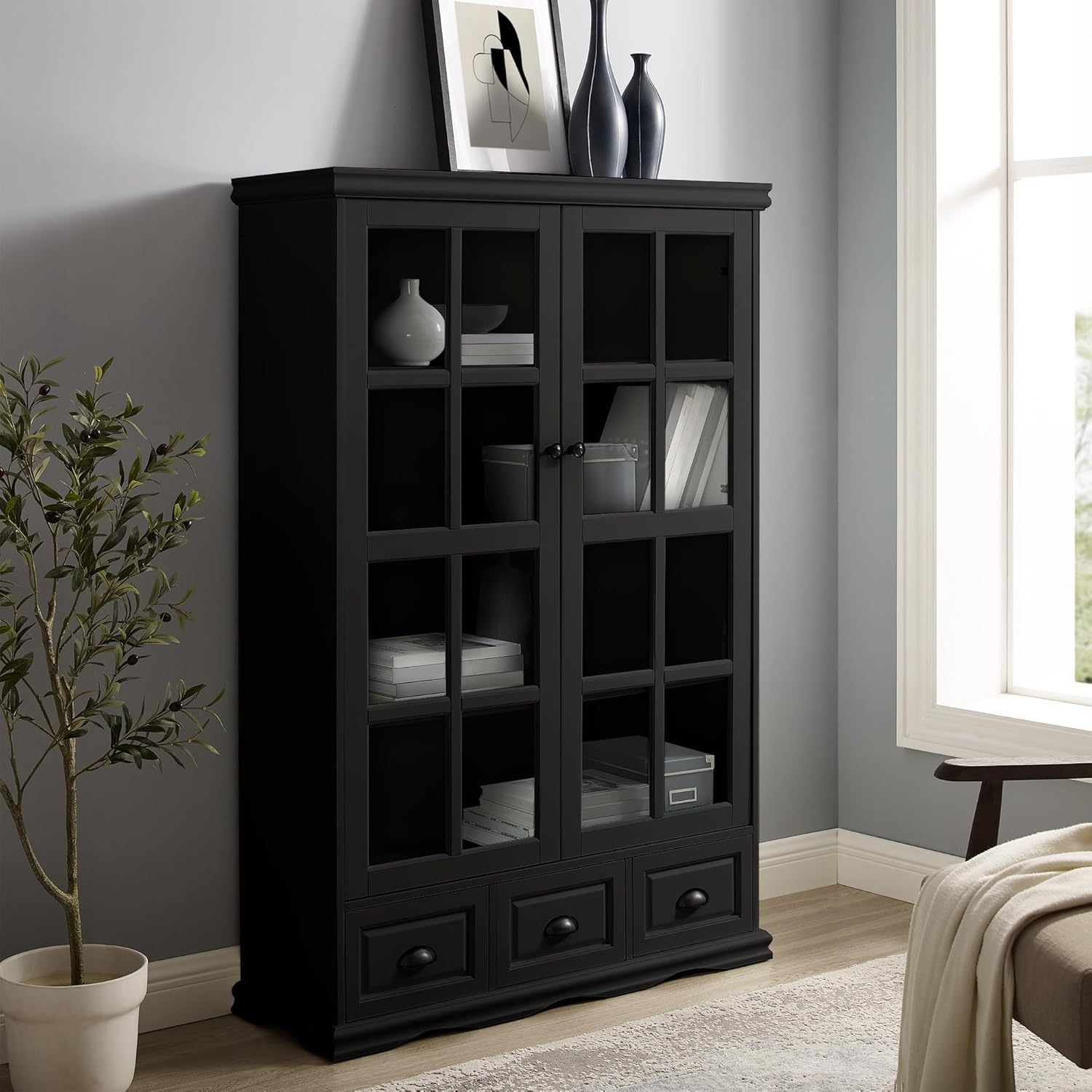 Storage Cabinet with Tempered Glass Doors Curio Cabinet with Adjustable Shelf Display Cabinet with Triple Drawers,Black