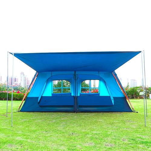 KTT Extra Large Tent 10-12-14 Person(Style-B),Family Cabin Tents,2 Rooms,3 Doors and 3 Windows with Mesh,Straight Wall,Waterproof,Double Layer,Big Tent for Outdoor,Picnic,Camping,Family Gathering