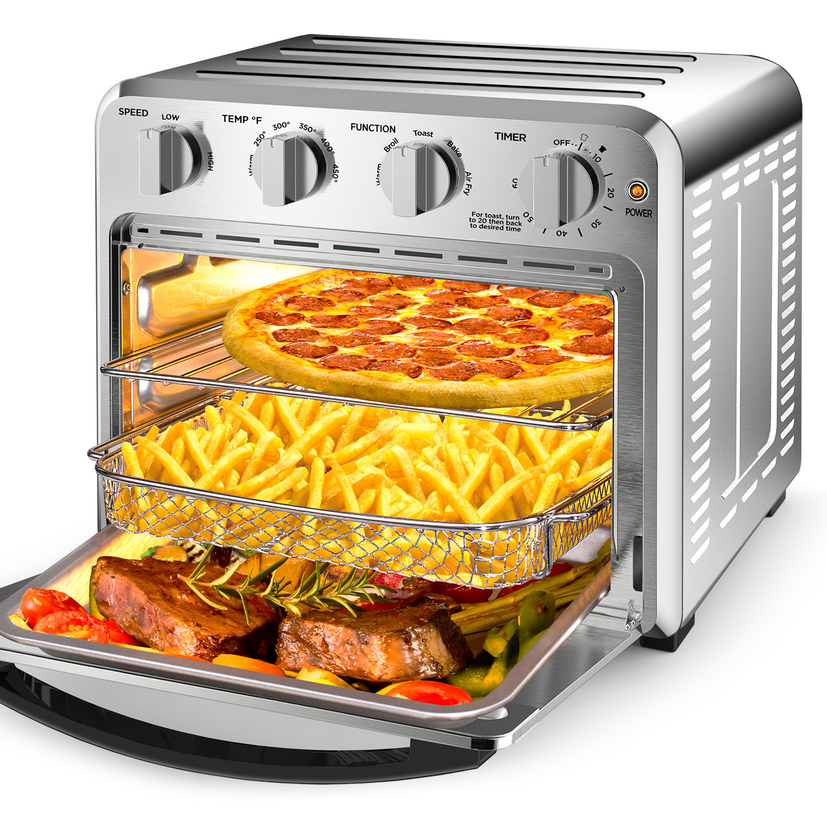 Air Fryer, 6 Slice 26QT/26L Air Fryer Fry Oil-Free, Extra Large Toaster Oven Combo, Air Fryer Oven, Roast, Bake, Broil, Reheat, Convection Countertop Oven, Accessories Included, Stainless St