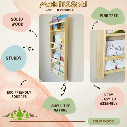 Handmade Natural Wood 5 Tier Montessori Kids Bookshelf, Wall Mounted Wide Book Shelf for Nursery, Space Saver Children's Book Rack Wall for Bedroom, Living Room (Medium, 21" Width, Natural)
