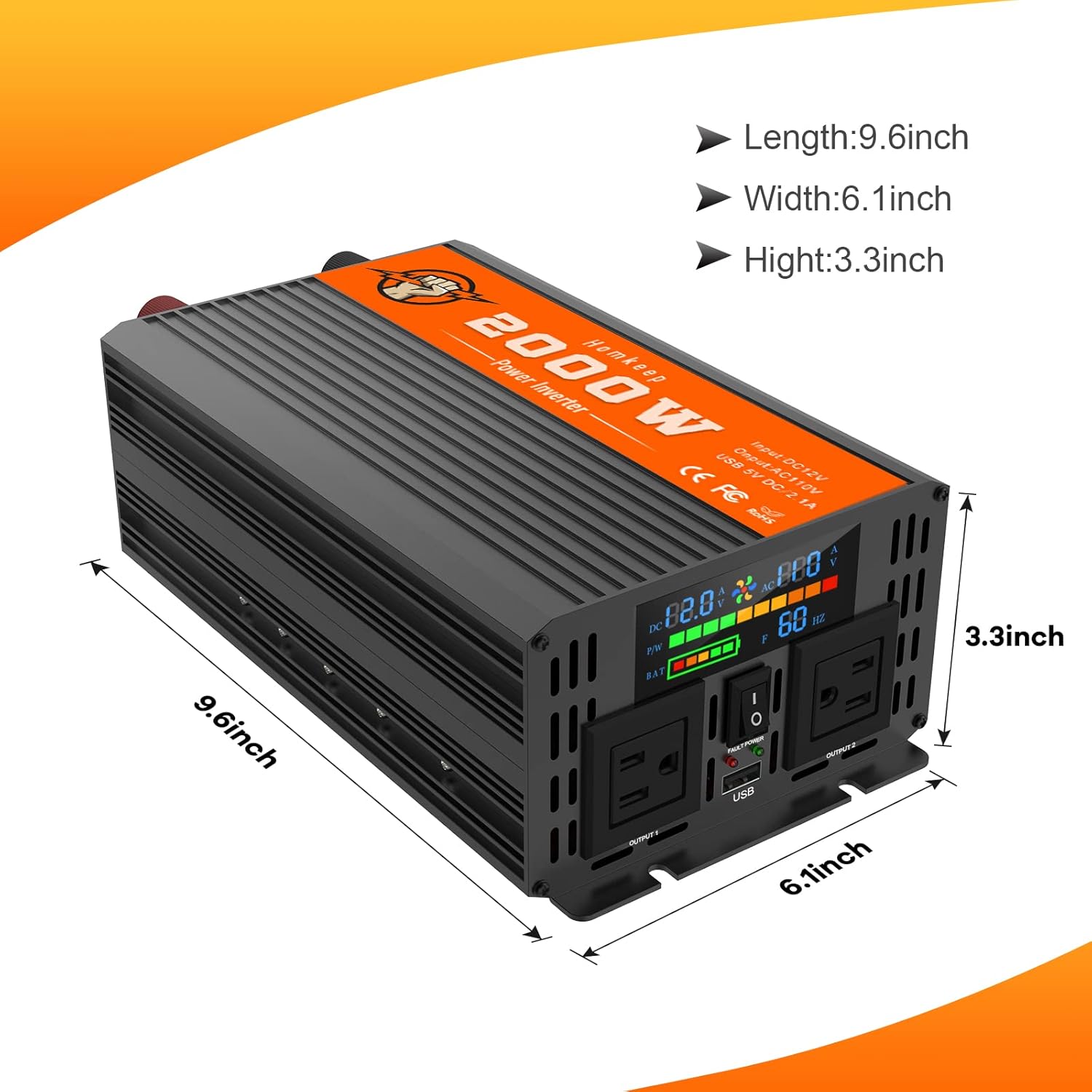 Power Inverter 2000 Watts 12V to 110V, Modified Sine Wave DC to AC Car/Home Converter, Dual 110V AC Outlets, USB Port, LED Display for Home, Outdoor, Camping, RV, Truck, Boat, Laptop and Emergency