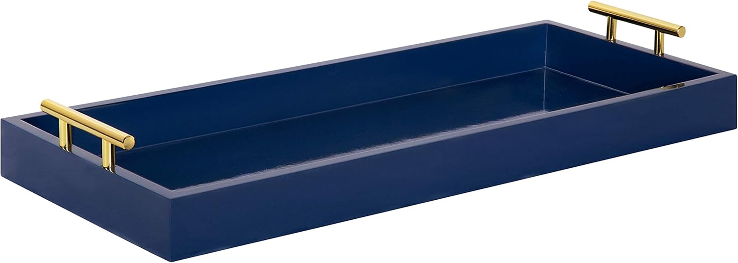 Kate and Laurel Lipton Narrow Decorative Tray with Polished Metal Handles, 10" x 24", Navy Blue and Gold, Chic Accent Tray for Display and Storage Pack of 2
