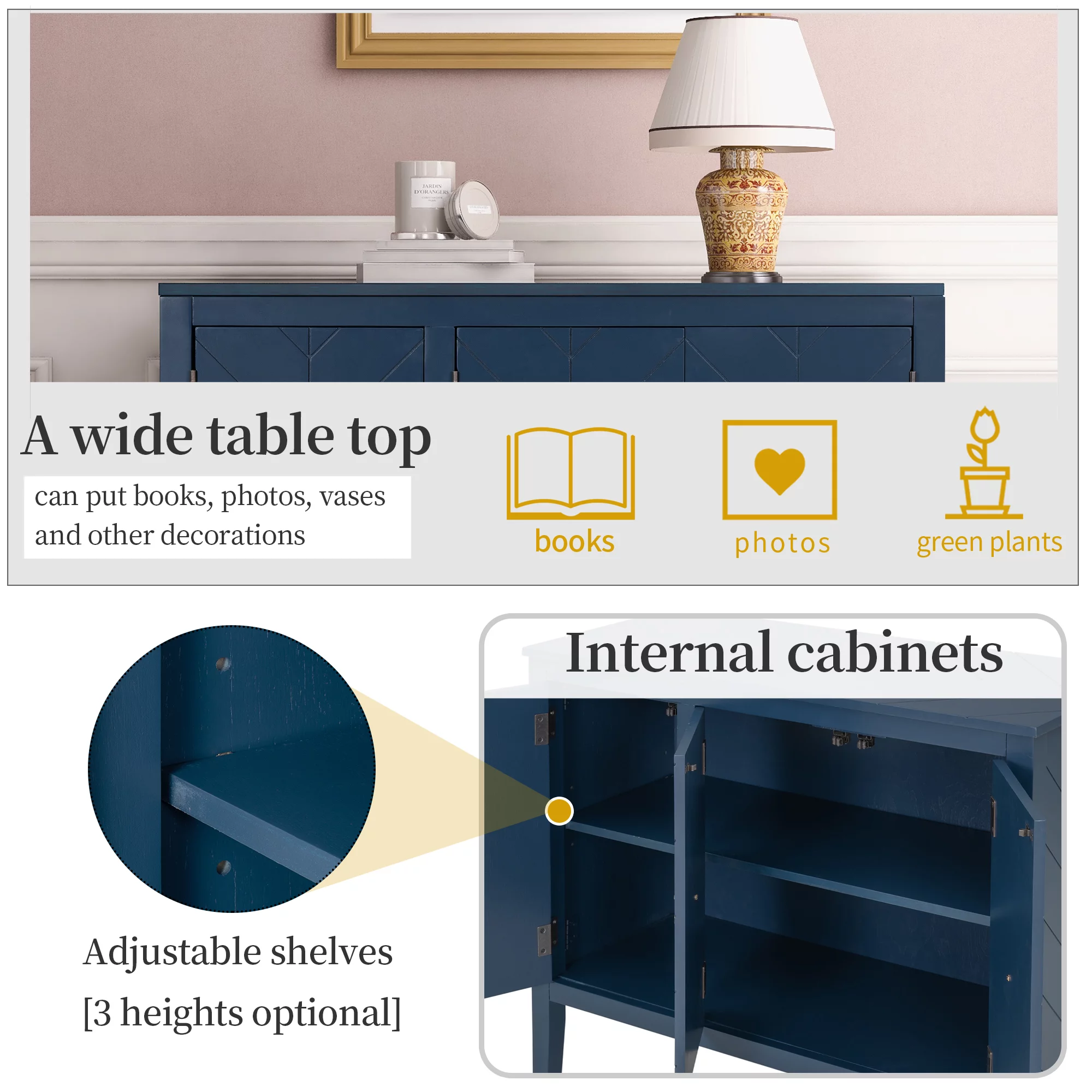 Ouyessir Solid Wood Buffet Sideboard Entry Console Table, Antique Storage Cabinet with Doors and Adjustable Shelf, for Living Room, Dining Room, Kitchen, 37" L x 15.7 W x 31.5 H, Navy Blue