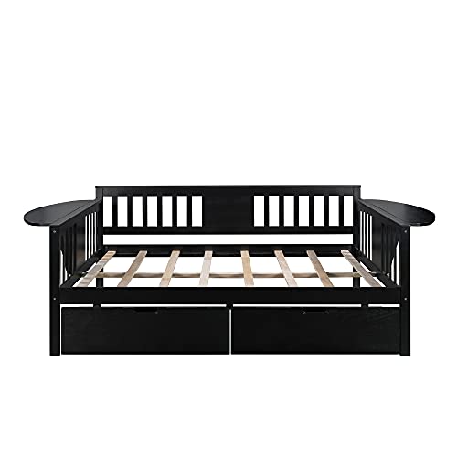 Twin Size Wooden Extendable Daybed with Trundle and 2 Storage Drawers, Platform Day bed with Wood Slat Support, for Bedroom, Living Room, No Spring Box Needed, Easy Assemble