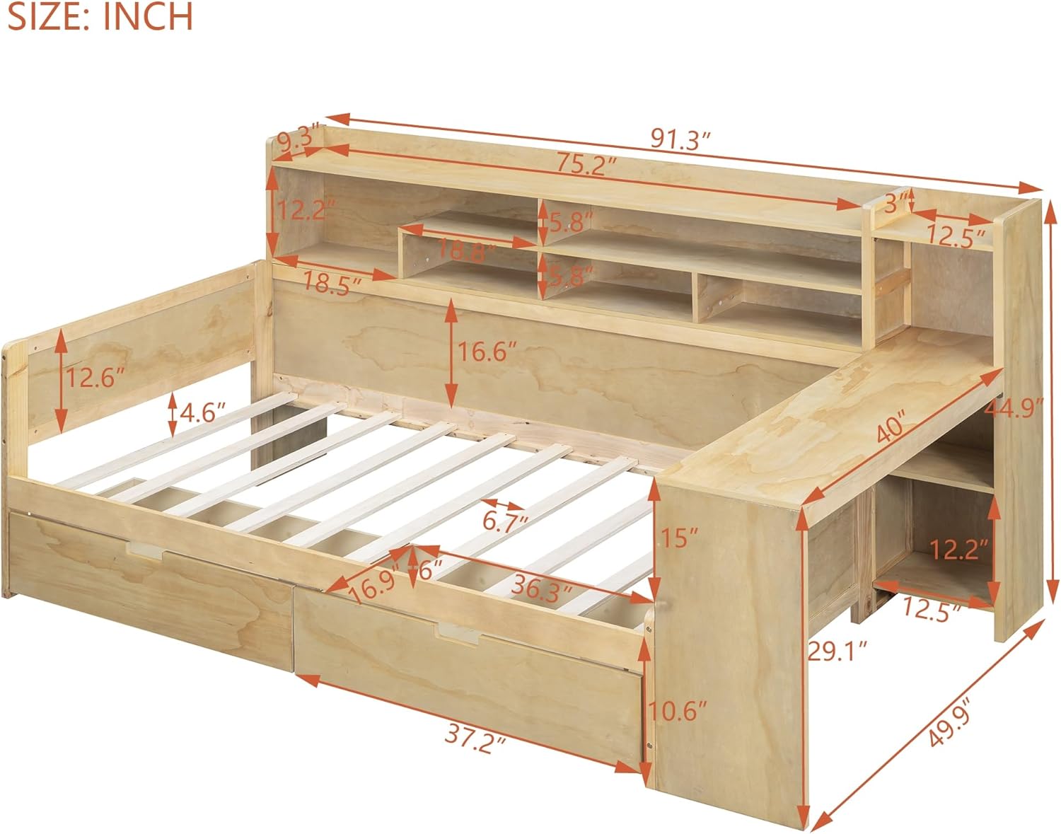 Twin Size Wooden Captain Bed Daybed with Storage Bookshelf, Study Desk and 2 Drawers, Multi-functional Storage Bed Frame for Bedroom Furniture, Space-Saving, Natural