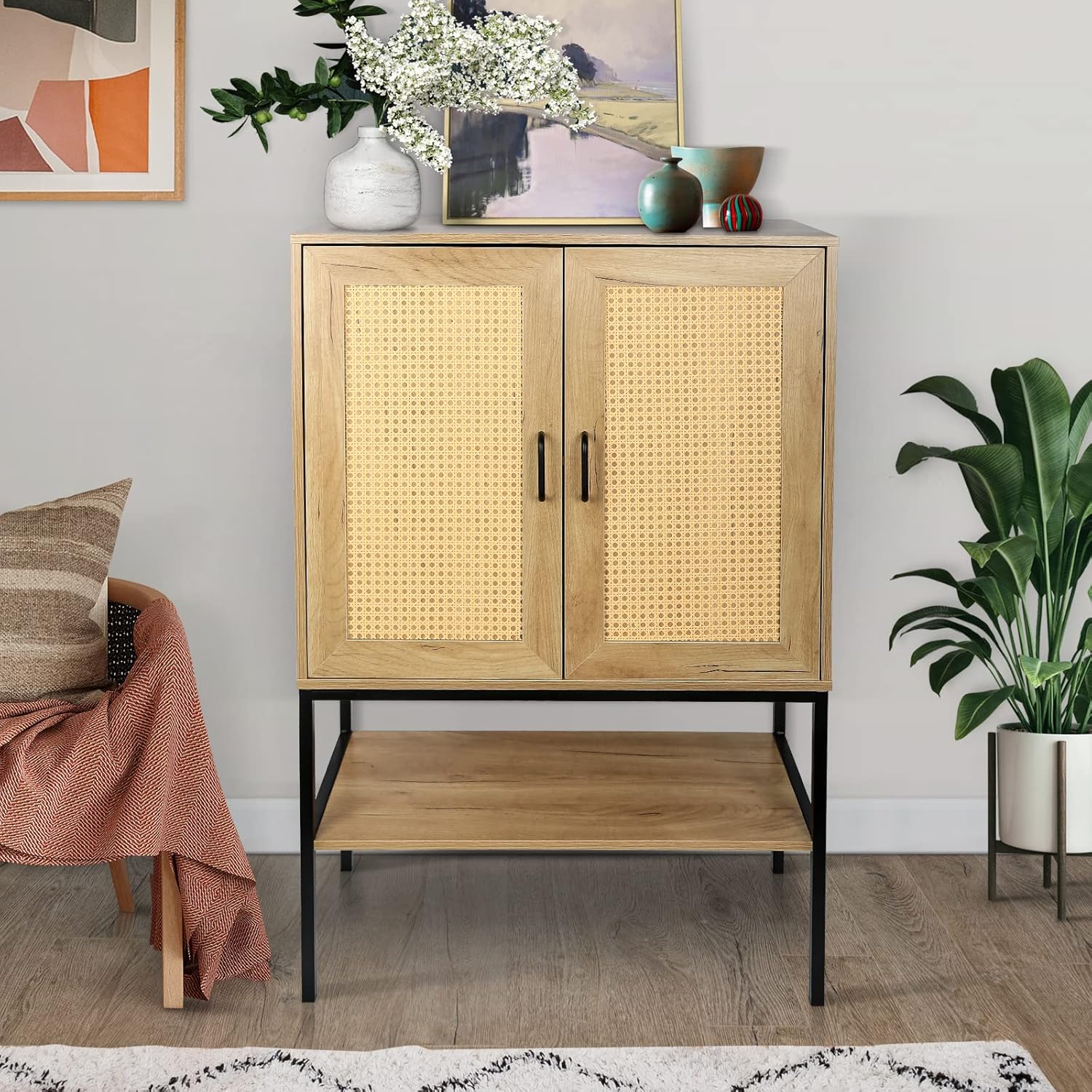 Elegant Cabinet with 2 Rattan Doors Bedroom Living Room Kitchen Cupboard Wooden Furniture with Bottom Shelf Easy Assembly Natural Color