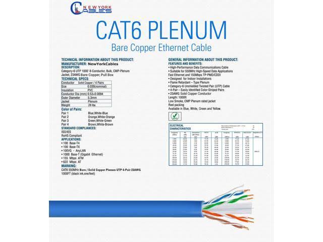 Blue Cat6 Plenum Pure Copper Cmp 550MHz 1000ft Ethernet 23AWG UTP Cable