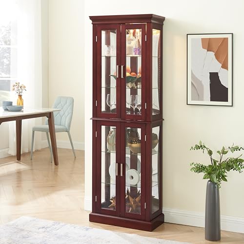 Lighted Display Cabinet,Glass Curio Display Cabinet with Adjustable Shelves & Mirrored Back,Storage Cabinet Wood Frame Collectibles Toy Display for Living Room, Kitchen, Pantry light bulb not included