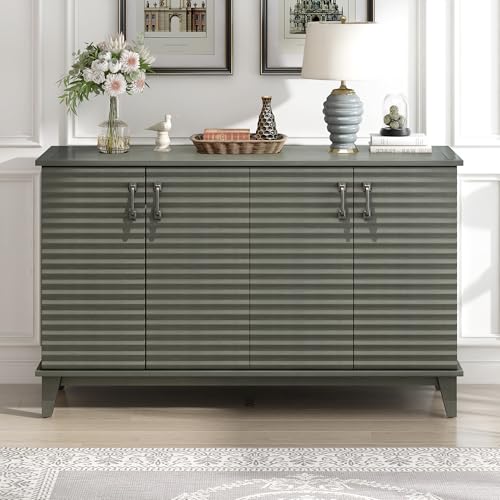 Retro Style Sideboard with 4 Door, Large Storage Buffet with Adjustable Shelves and Metal Handles, Wooden Accent Storage Cabinet for Kitchen, Living Room, Dining Room (Antique Gray-010)