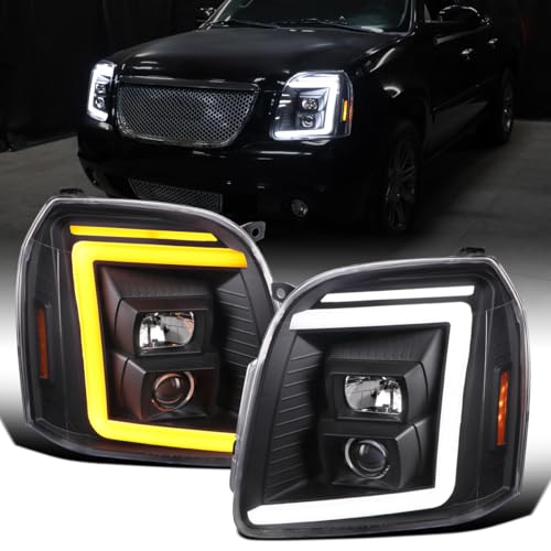 Fits 2007-2014 GMC Yukon XL 1500 2500 Upgraded LED Tube Switchback Sequential Turn Signal Projector Headlights Assembly Pair | Black Smoke