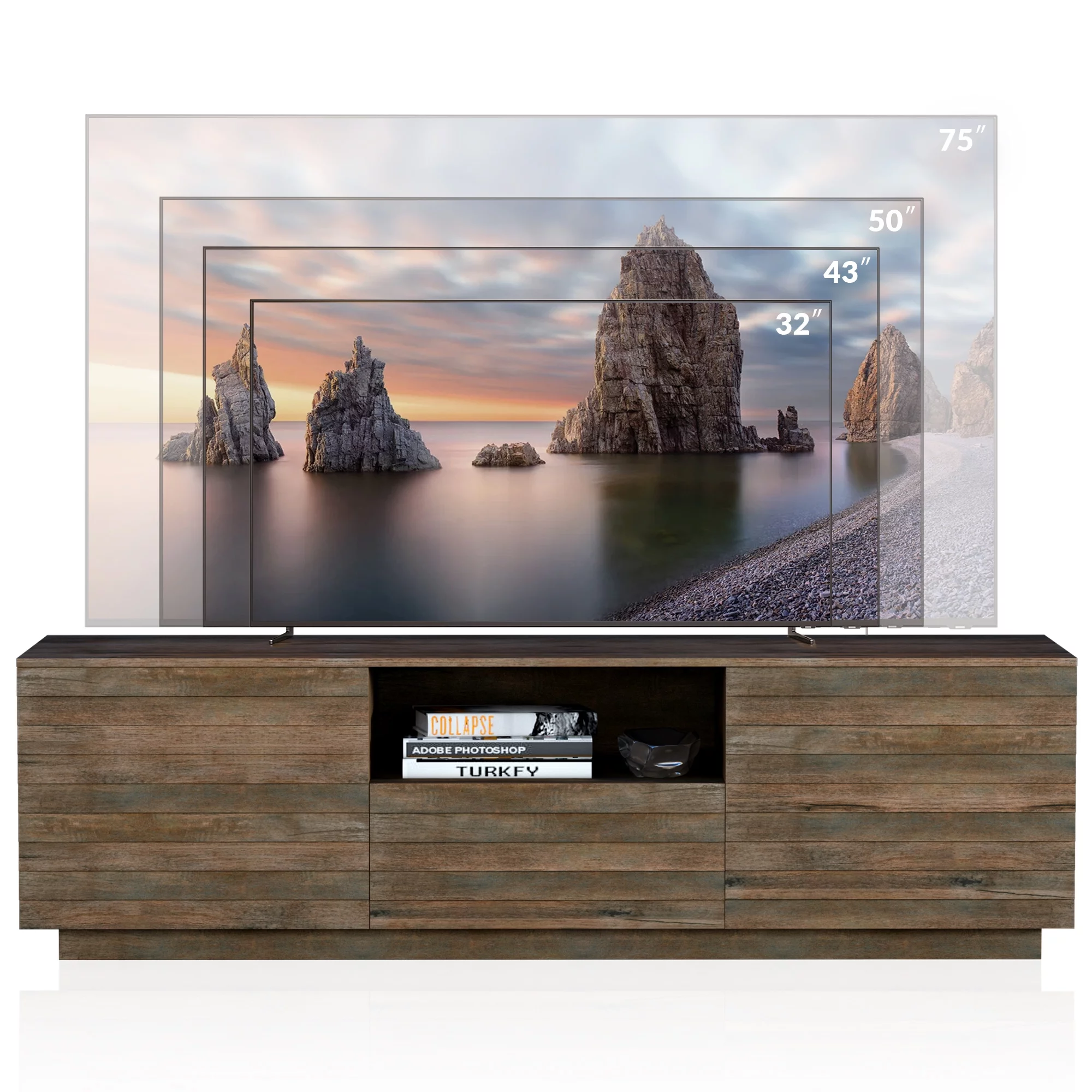 BELLEZE Modern Farmhouse 65" TV Stand for TVs Up to 75", Media Console Table with Open Shelf, Storage Drawer Unit for Bedroom, Living Room - Discover (Brown)