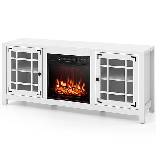 Tangkula Fireplace TV Stand for 65 Inches TVs, 58 Inch TV Console with Electric Fireplace Insert, Adjustable Shelves, Remote Control, 3-Level Flame Brightness, Entertainment Center for Living Room