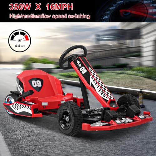 Electric Go Kart, 36V Drift Car for Kids, 16 MPH With 350W Motor, Drift/Sport Mode, Length Adjustment Outdoor Ride On, Ages 8-16 US Plug